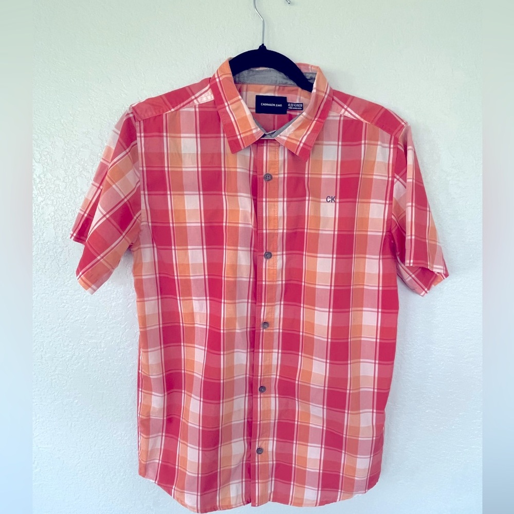 Calvin Klein Jeans Orange Plaid Short-Sleeve Shirt. Boys XL. EUC.